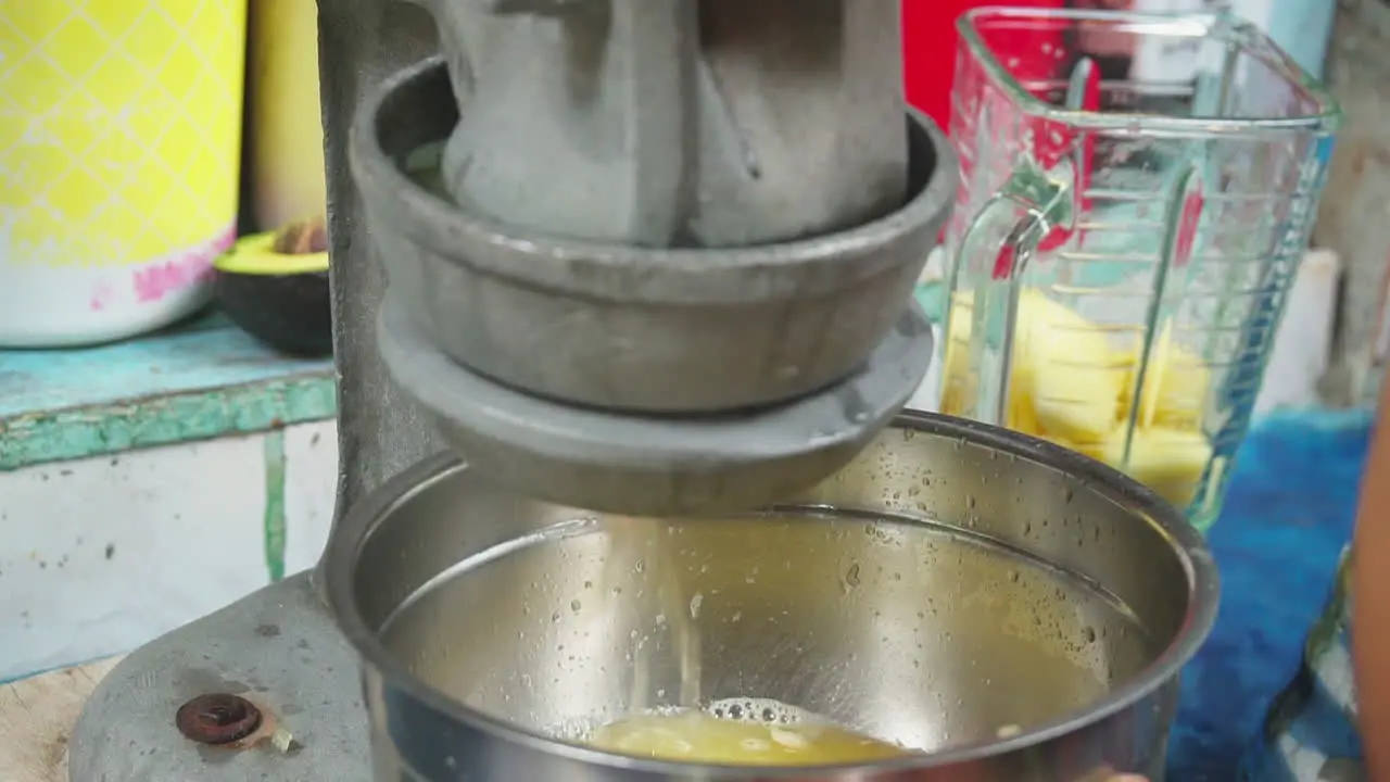 Close up of a woman using a metal juicer to juice lemons for a fruit smoothie in Punta Banco Costa Rica