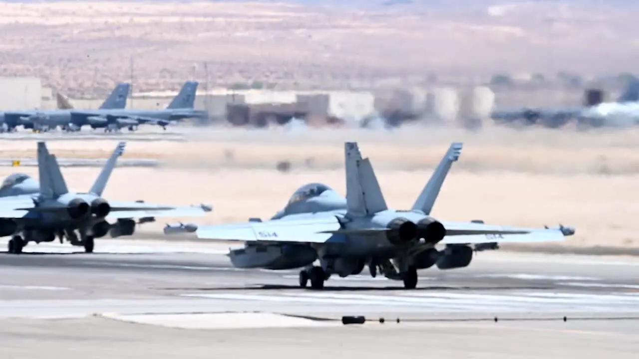 Us Air Force Fighter Jets Taxi And Take Off In Shimmering Desert Heat During Operation Red Flag 21-3 Nellis Afb Nevada