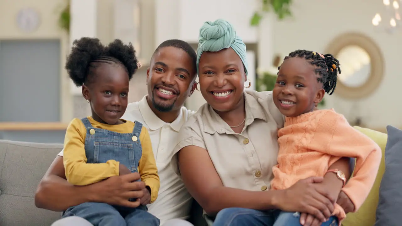 Black family love and parents with child on sofa