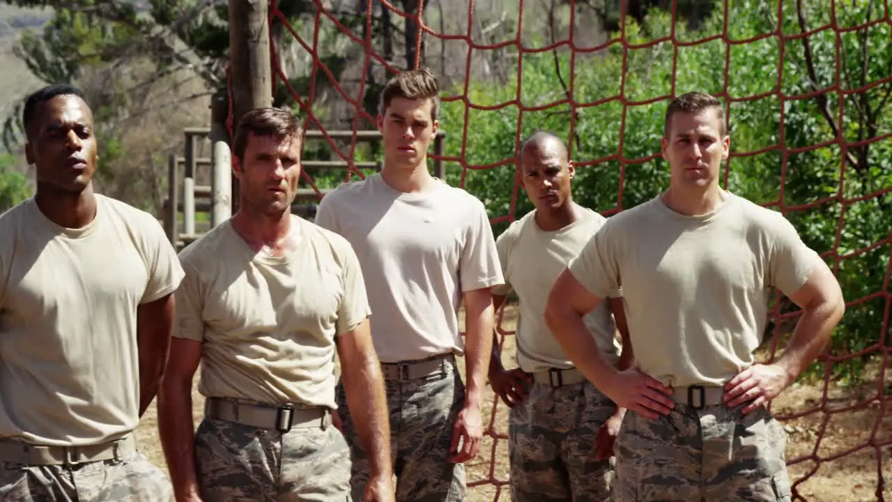 Military soldiers standing at boot camp 4k