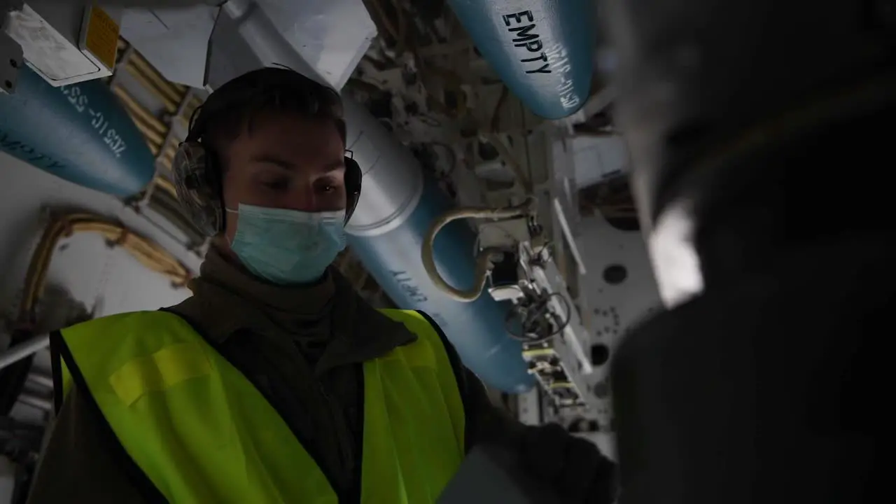 Slow Motion 9Th Expeditionary Bomb Squadron Crew Loads Dummy Bombs B-1B Lancer Bomber Orland Norway