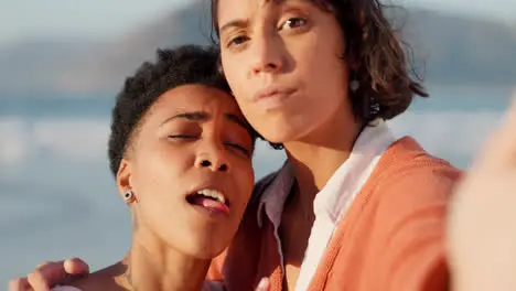 Lesbian selfie and lgbt couple at the beach