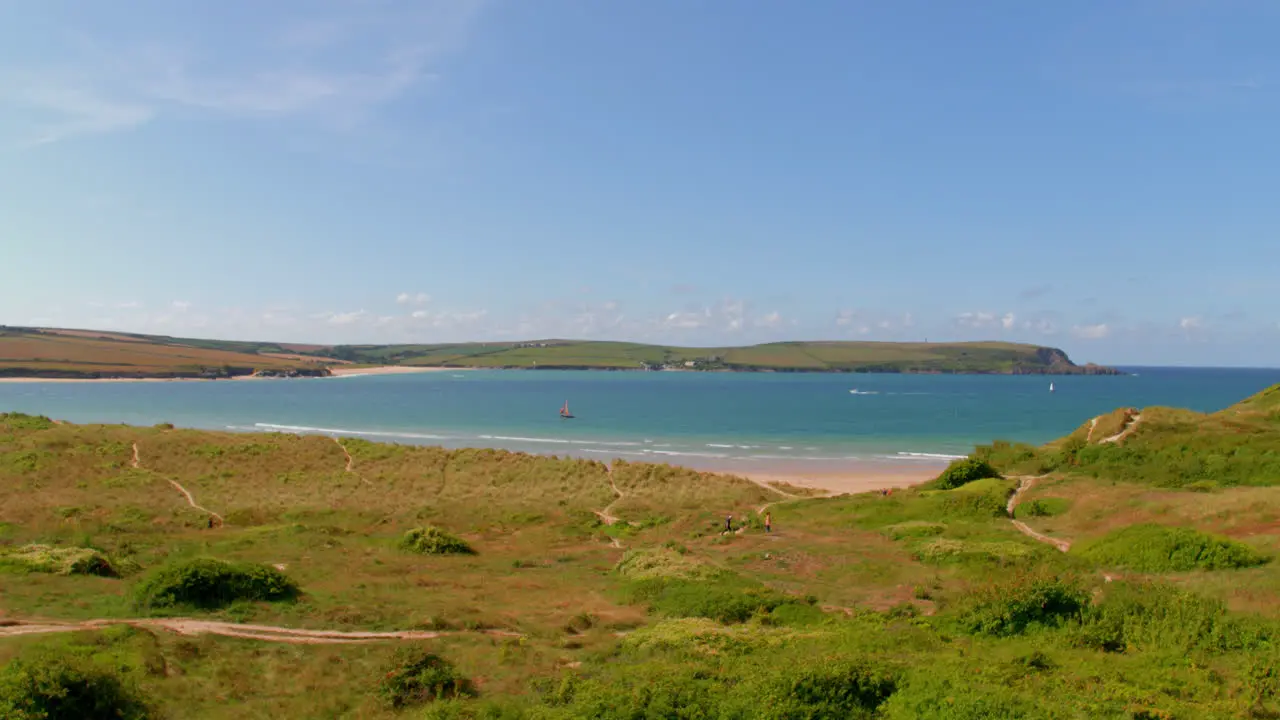 Aerial View of Rock Beach and sand dunes in north cornwall uk