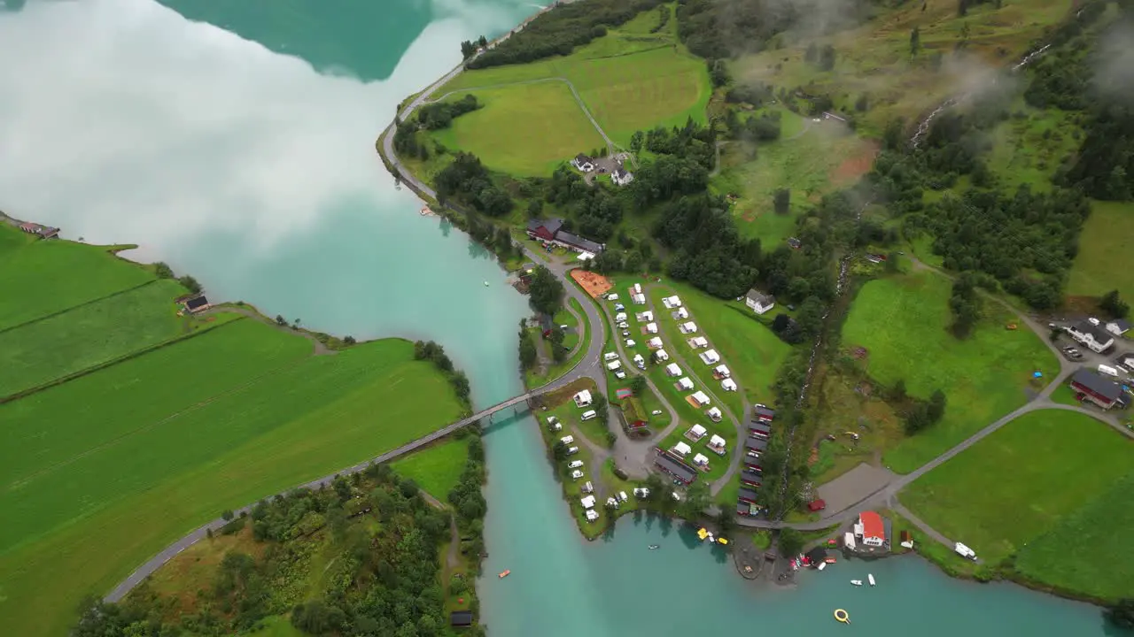 Camping at Oldevatnet Lake in Loen Vestland Norway Aerial