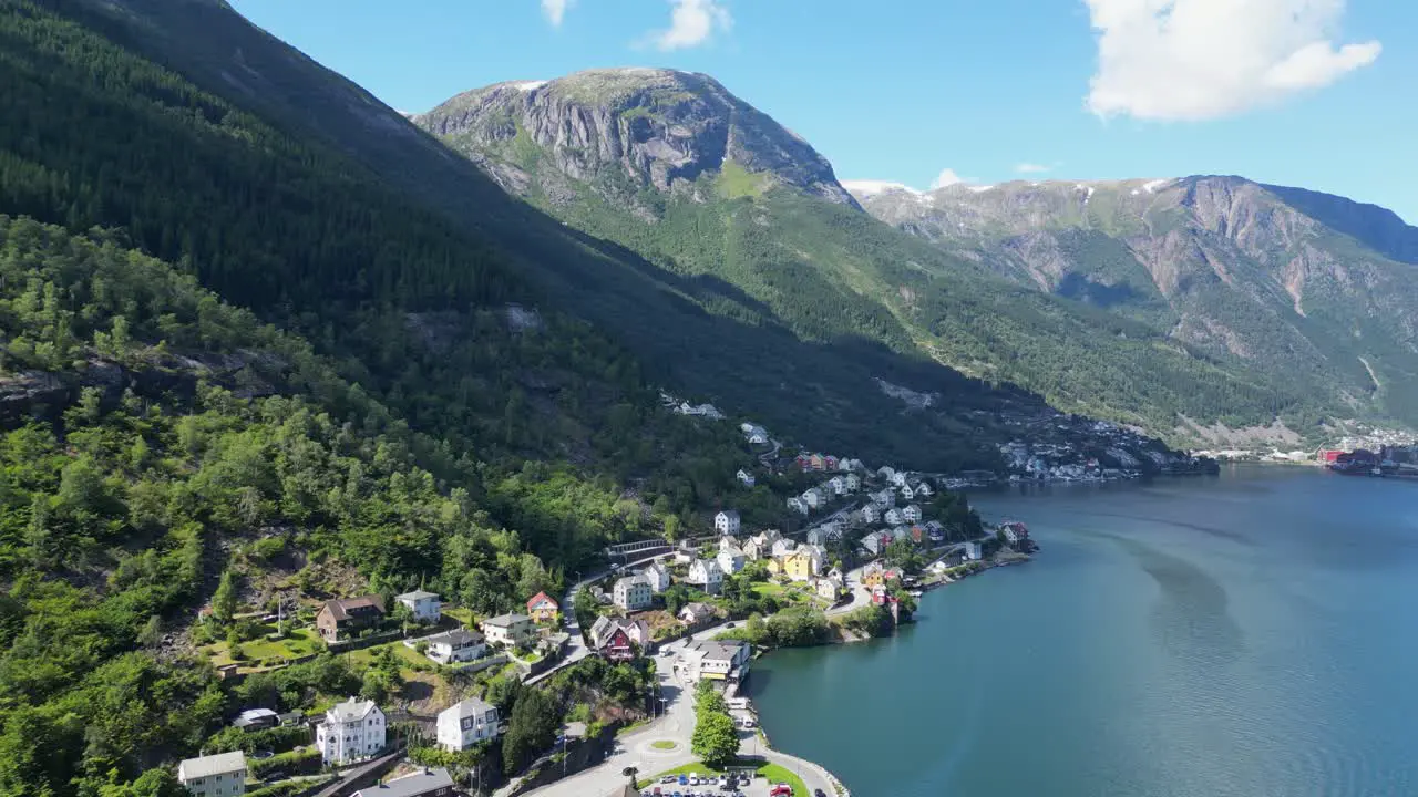 Odda Village at Hardanger Fjord in Vestland Norway Scandinavia Aerial 4k