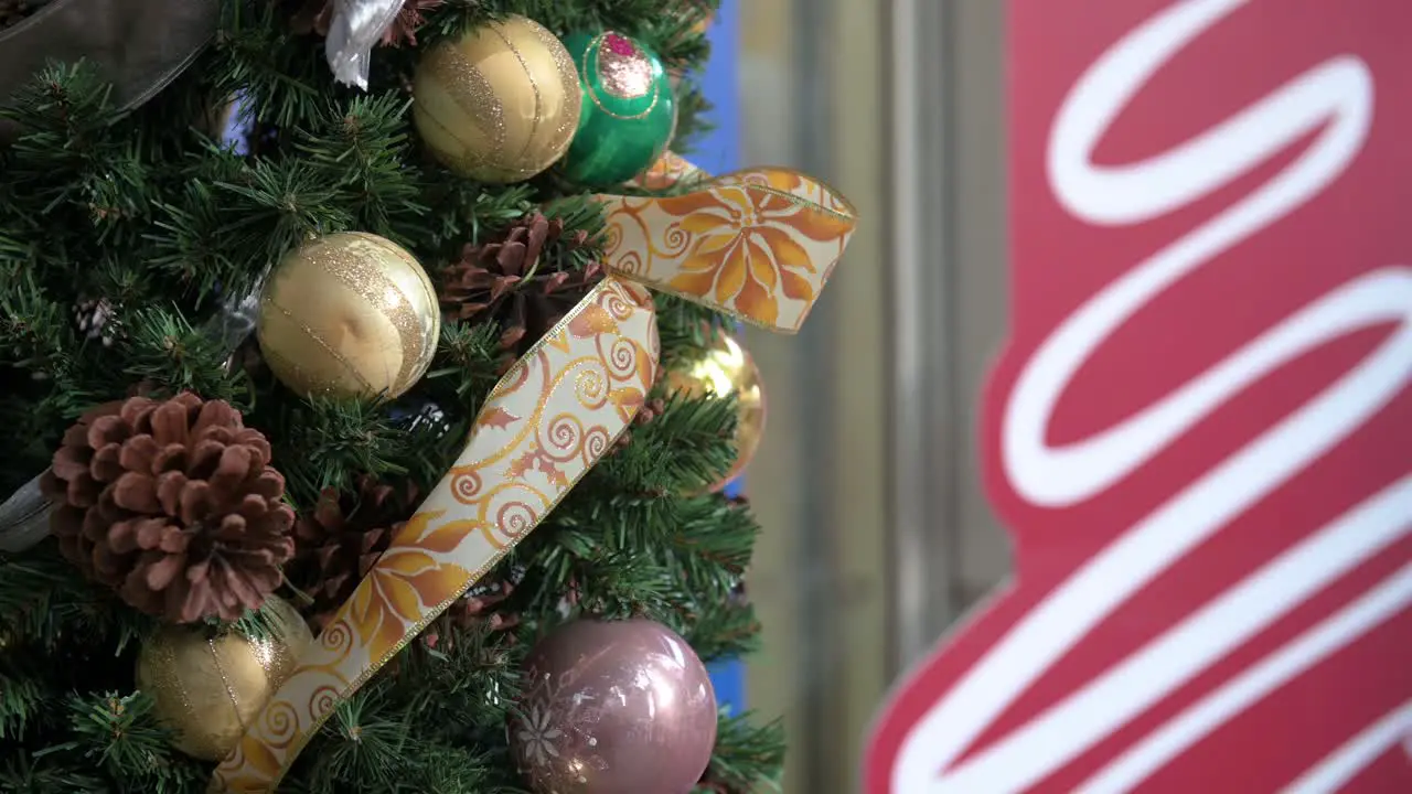 Christmas dry pine cones and gold balls ornament decorations are seen hang from a decorated Christmas pine tree