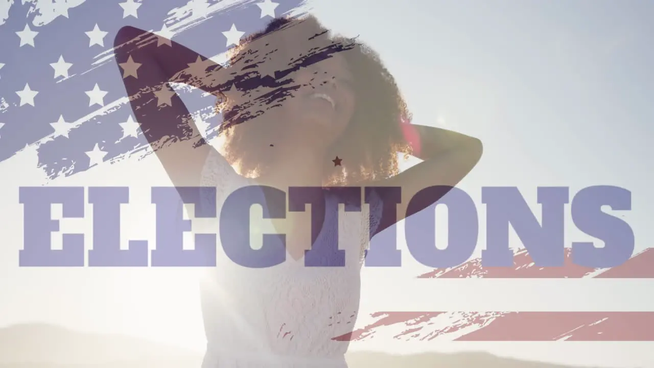 Animation of usa flag effect and elections text against african american woman enjoying at the beach