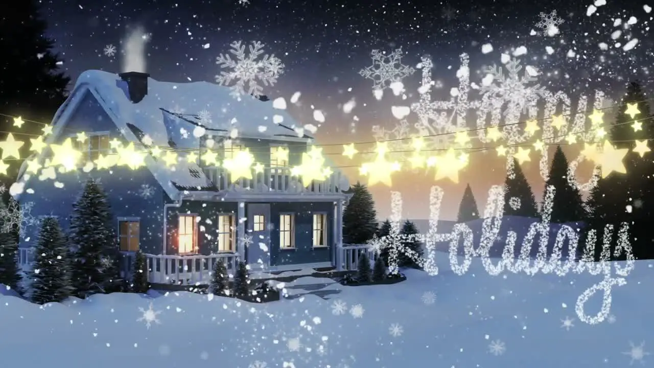 Star shaped fairy lights decoration against happy holiday text over house on winter landscape