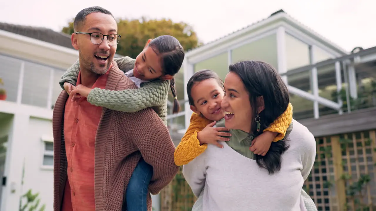 Family children and piggyback outdoor in backyard