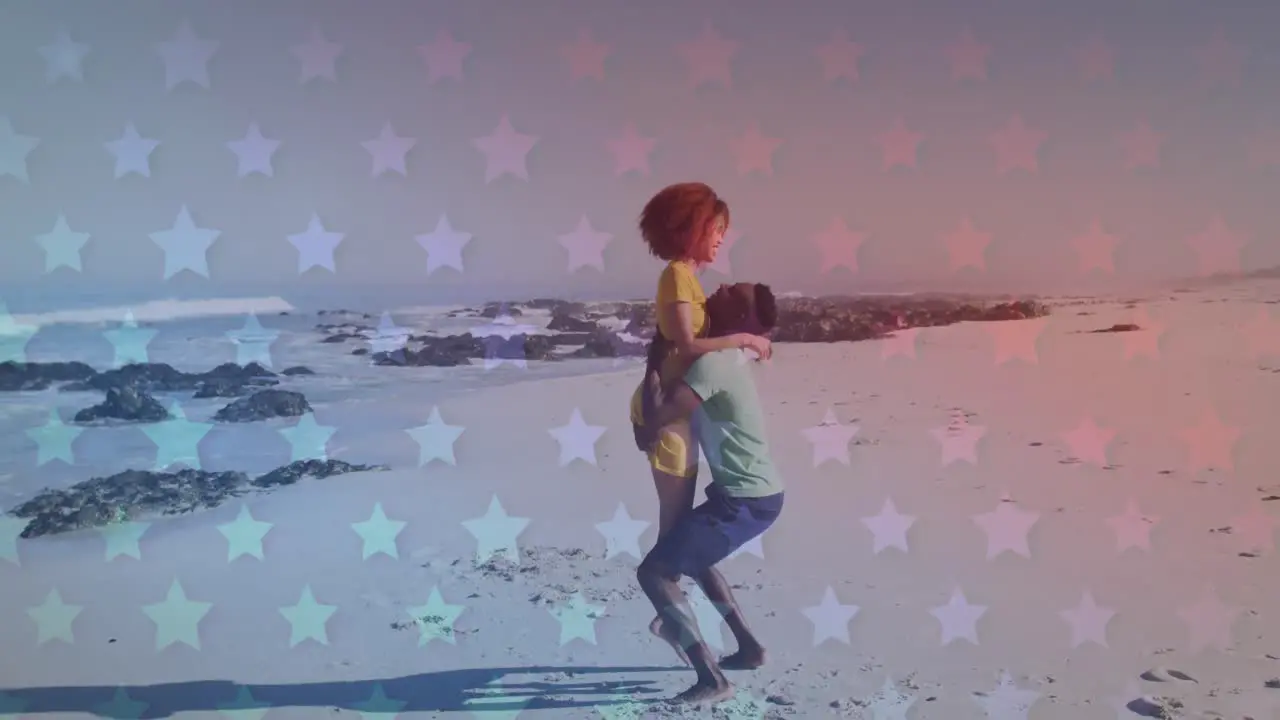 Multiple blinking stars against african american couple dancing at the beach