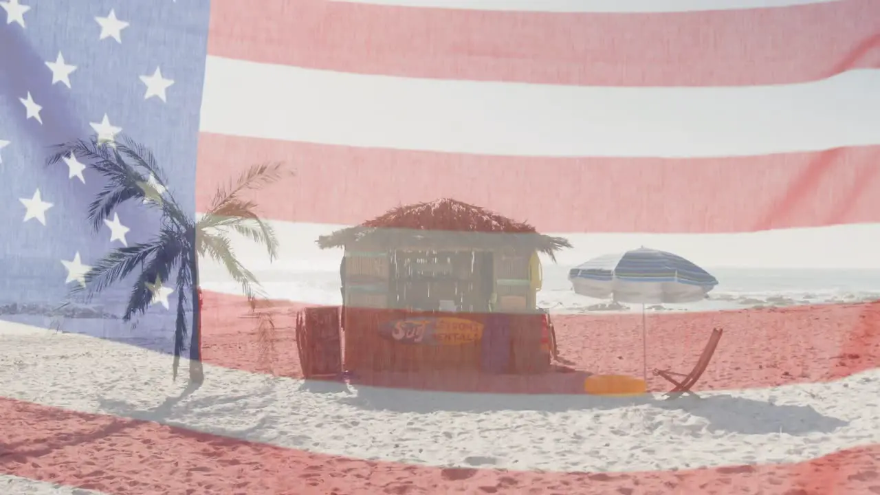 American flag with glitch effect against view of wooden beach bar at the beach