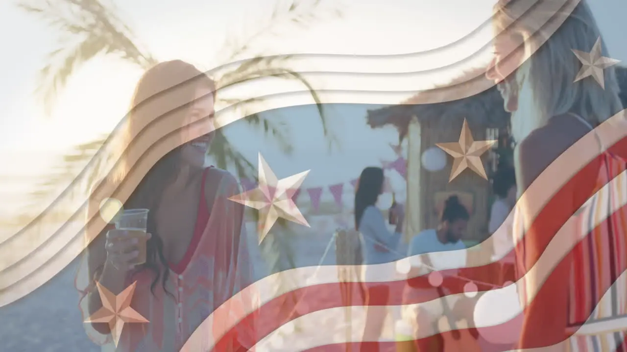 Multiple stars on blue stripes against two caucasian women taking on the beach