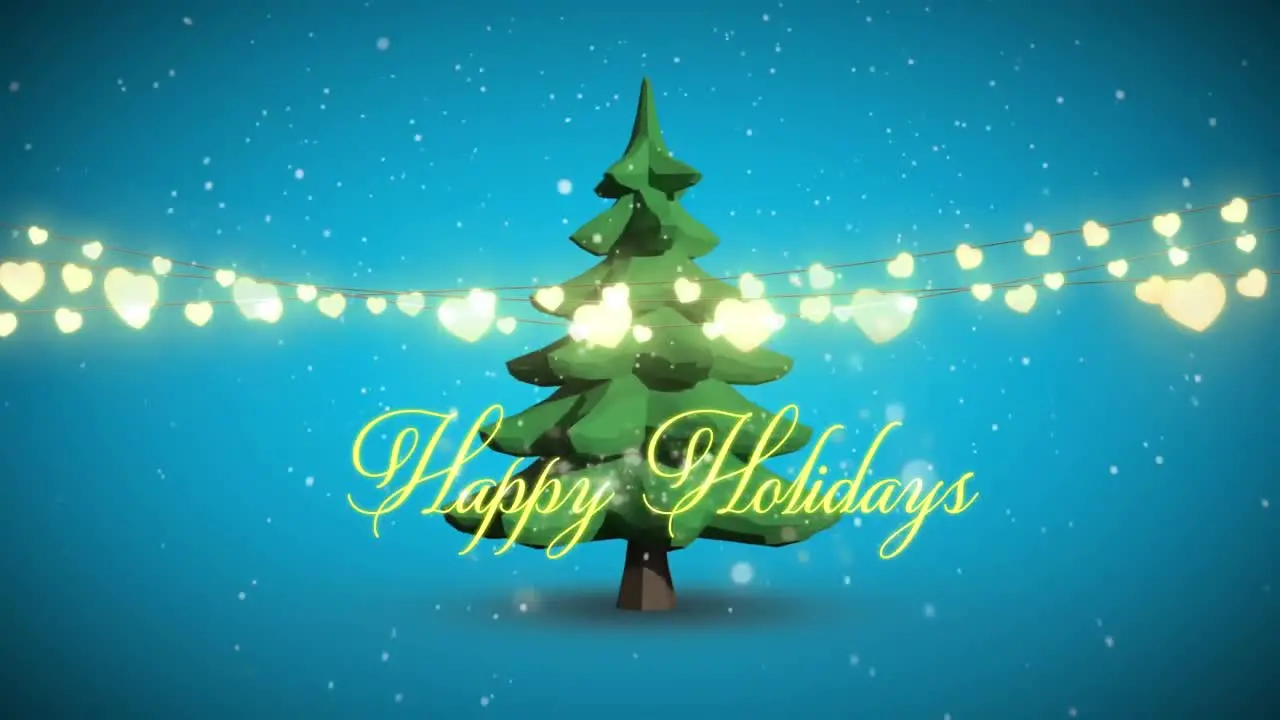 Animation of snow falling over fairy lights and happy holidays text banner against spinning tree