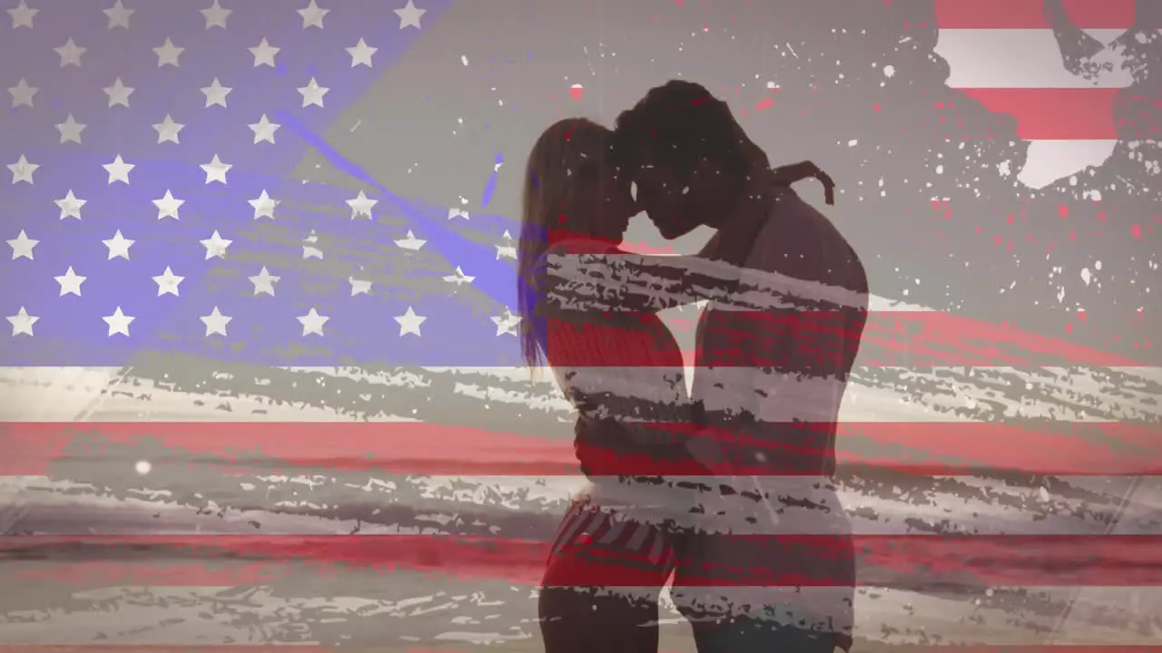 American flag with glitch effect against couple embracing each other at the beach