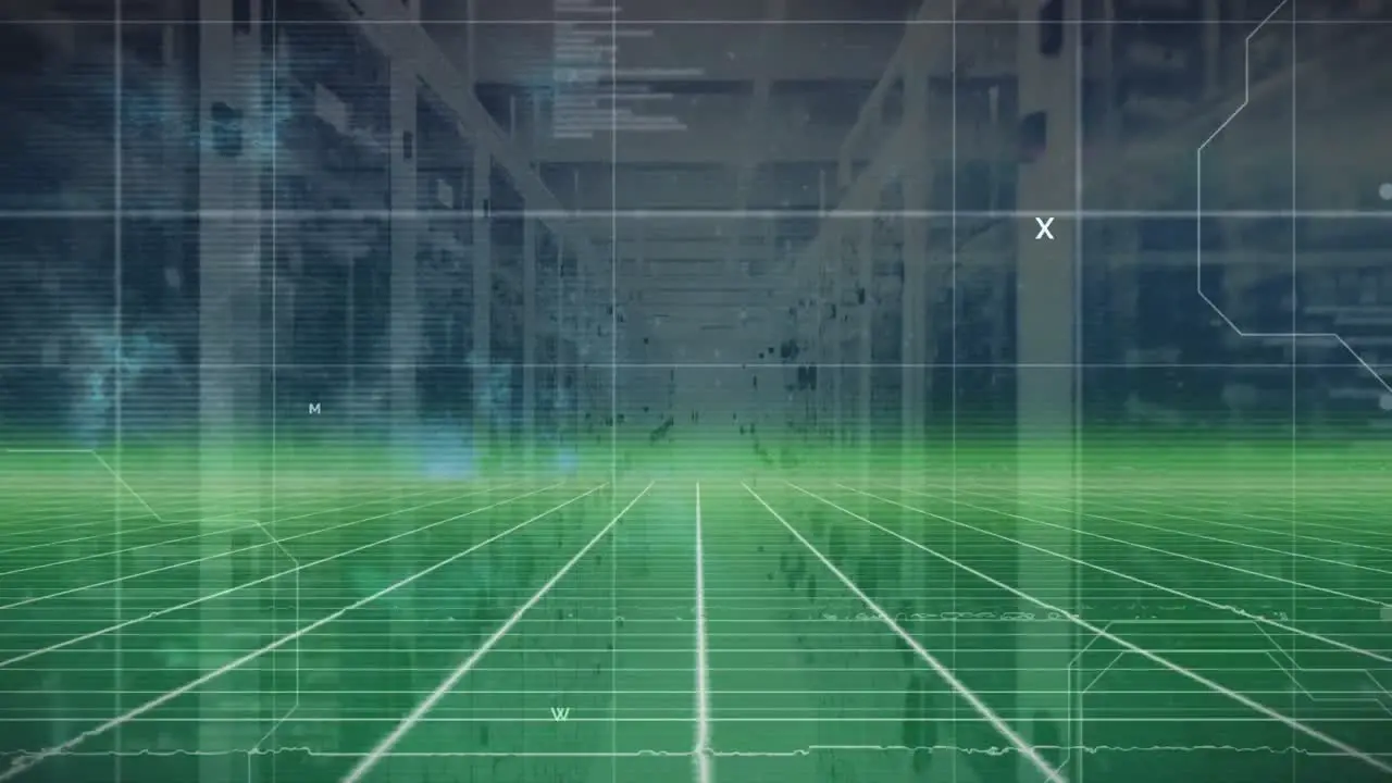 Animation of data processing over digital green screen over servers