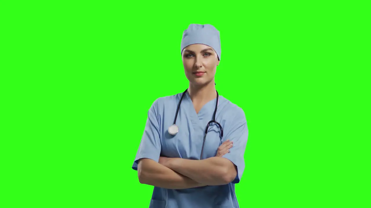 Caucasian female doctor on green screen background