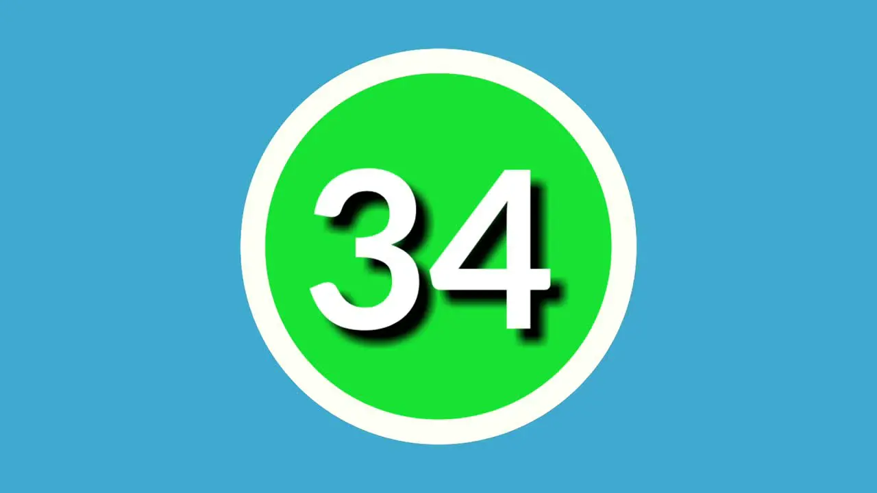 Number 34 thirty four sign symbol animation motion graphics on green sphere on blue background 4k cartoon video number for video elements