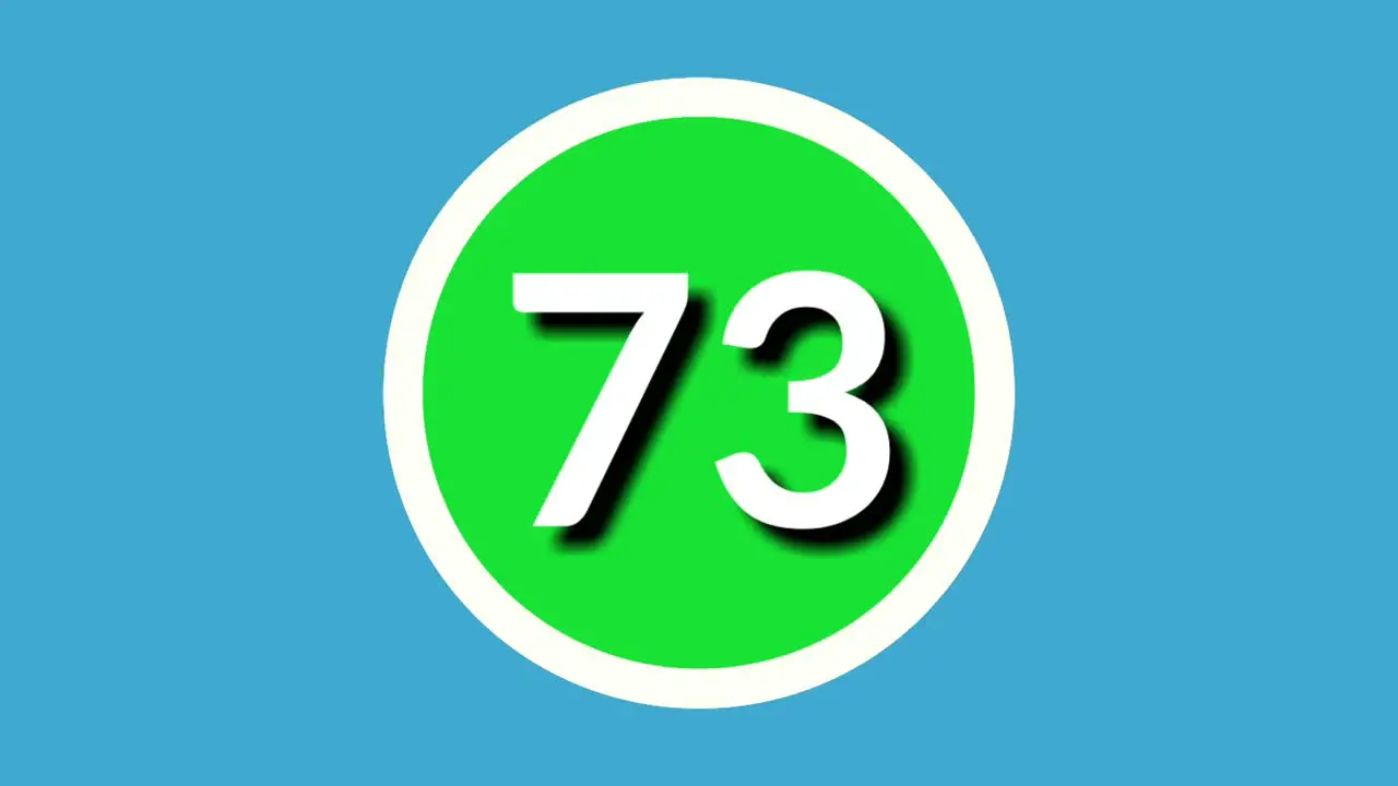 Number 73 seventy three sign symbol animation motion graphics on green sphere on blue background 4k cartoon video number for video elements