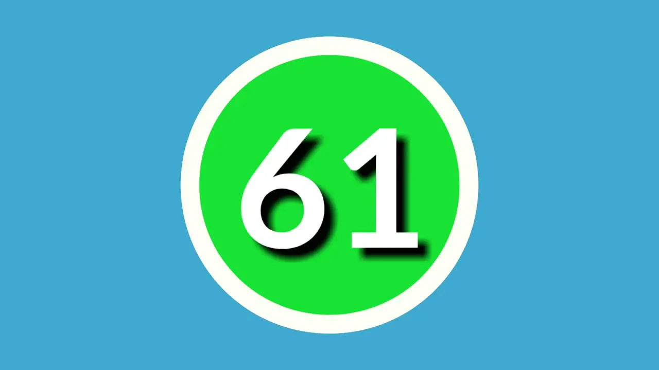 Number 61 sixty one sign symbol animation motion graphics on green sphere on blue background 4k cartoon video number for video elements