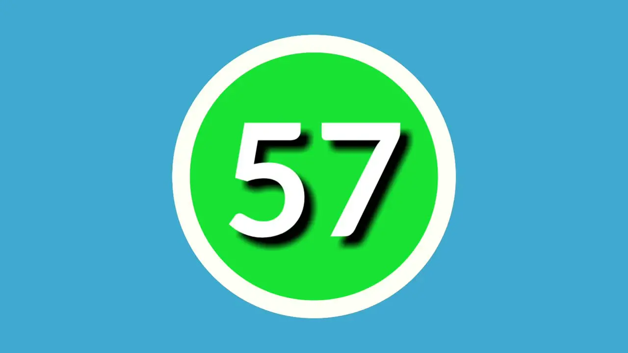 Number 57 fifty seven sign symbol animation motion graphics on green sphere on blue background 4k cartoon video number for video elements