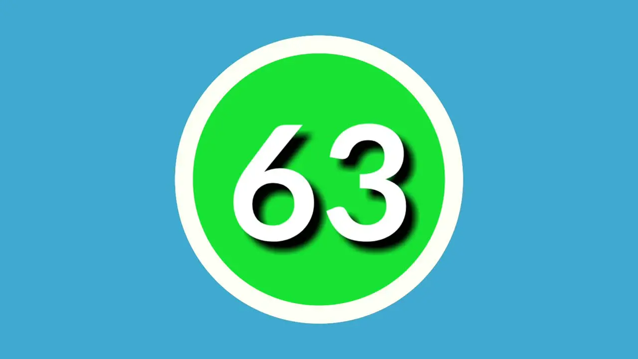 Number 63 sixty three sign symbol animation motion graphics on green sphere on blue background 4k cartoon video number for video elements