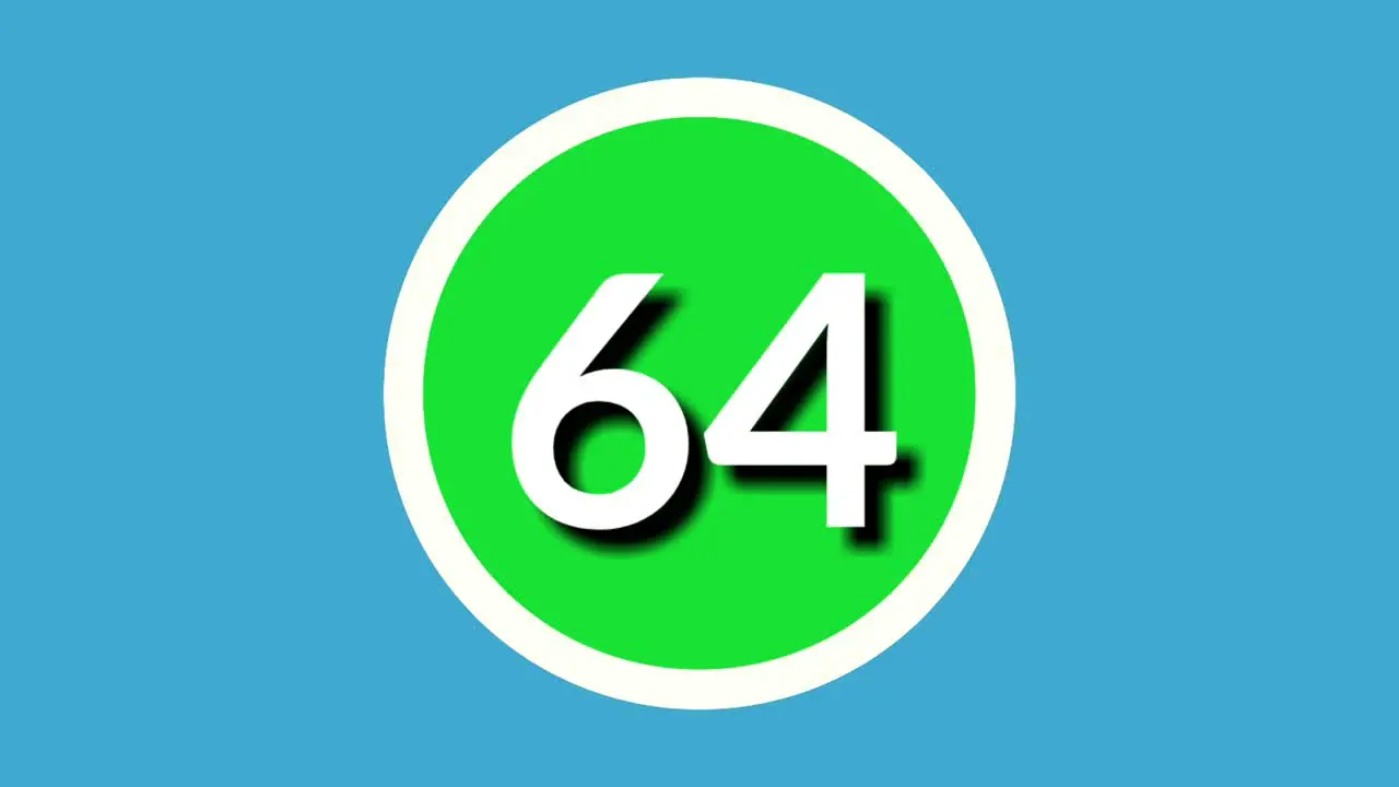 Number 64 sixty four sign symbol animation motion graphics on green sphere on blue background 4k cartoon video number for video elements