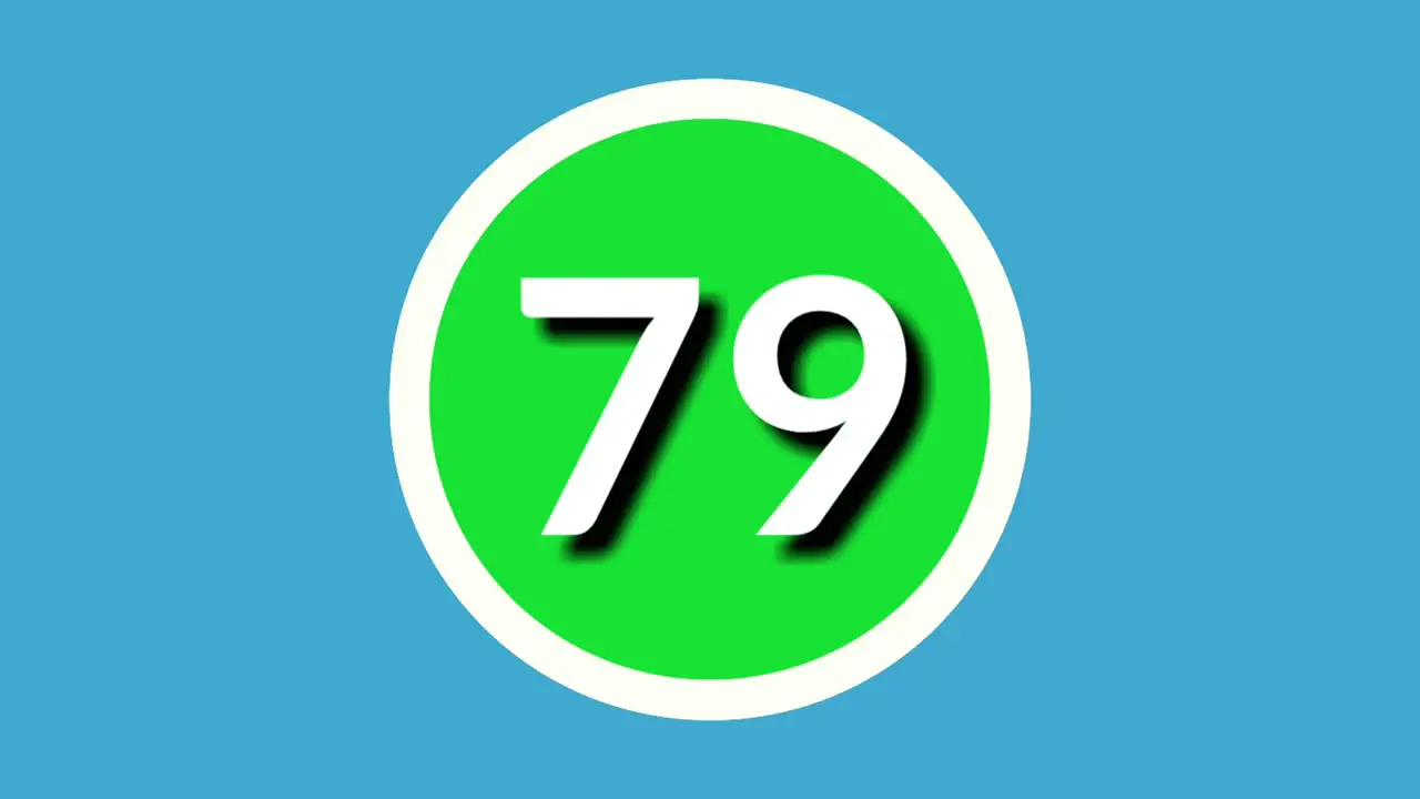 Number 79 seventy nine sign symbol animation motion graphics on green sphere on blue background 4k cartoon video number for video elements