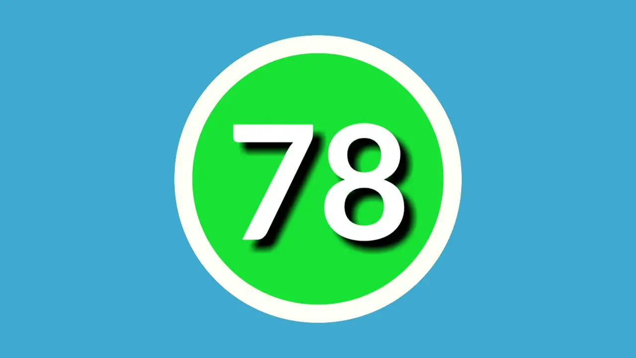 Number 78 seventy eight sign symbol animation motion graphics on green sphere on blue background 4k cartoon video number for video elements