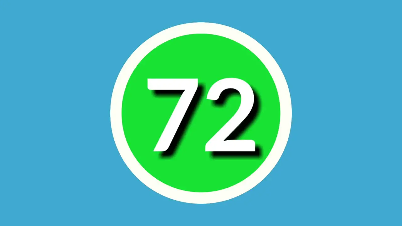 Number 72 seventy two sign symbol animation motion graphics on green sphere on blue background 4k cartoon video number for video elements