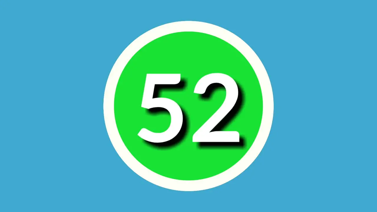 Number 52 fifty two sign symbol animation motion graphics on green sphere on blue background 4k cartoon video number for video elements