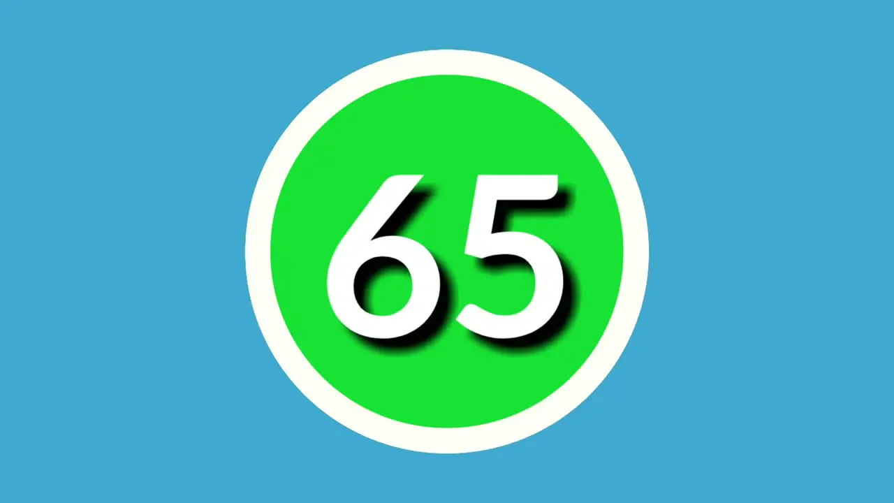 Number 65 sixty five sign symbol animation motion graphics on green sphere on blue background 4k cartoon video number for video elements