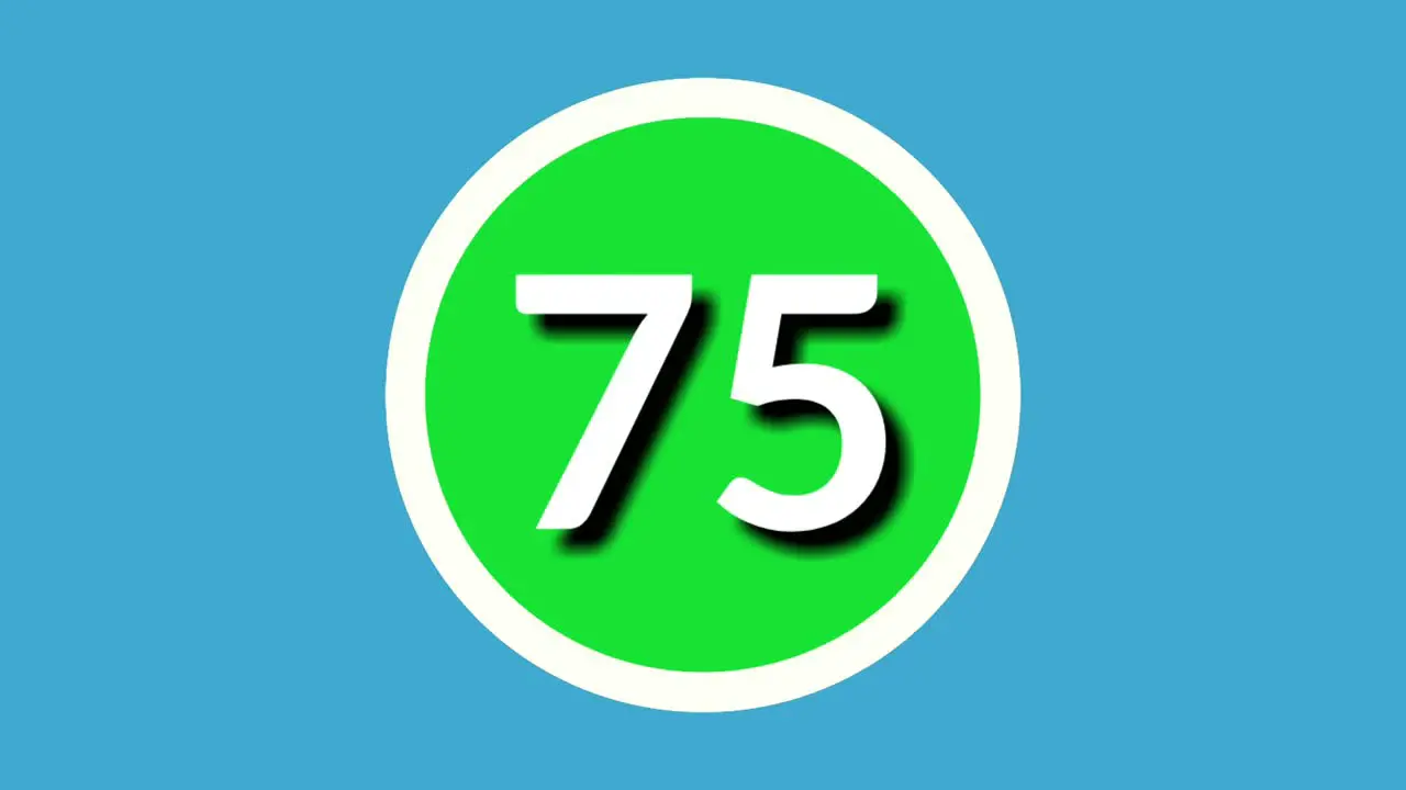 Number 75 seventy five sign symbol animation motion graphics on green sphere on blue background 4k cartoon video number for video elements