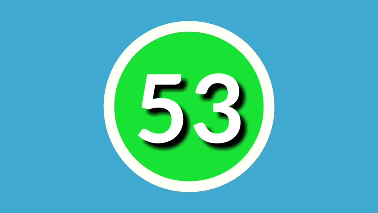 Number 53 fifty three sign symbol animation motion graphics on green sphere on blue background 4k cartoon video number for video elements