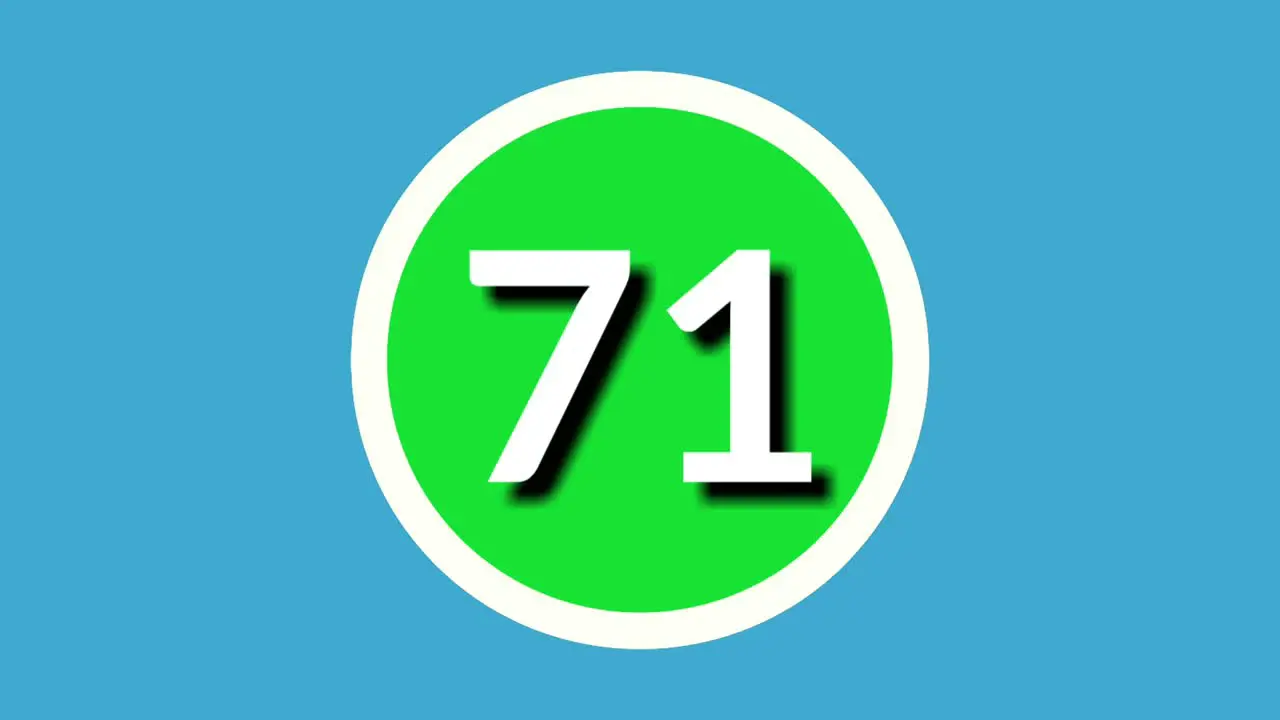 Number 71 seventy one sign symbol animation motion graphics on green sphere on blue background 4k cartoon video number for video elements