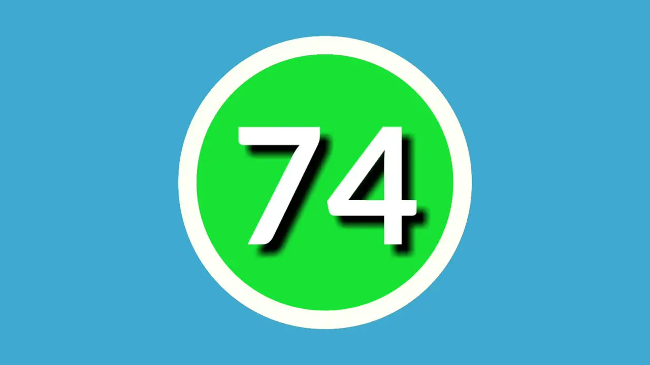 Number 74 seventy four sign symbol animation motion graphics on green sphere on blue background 4k cartoon video number for video elements