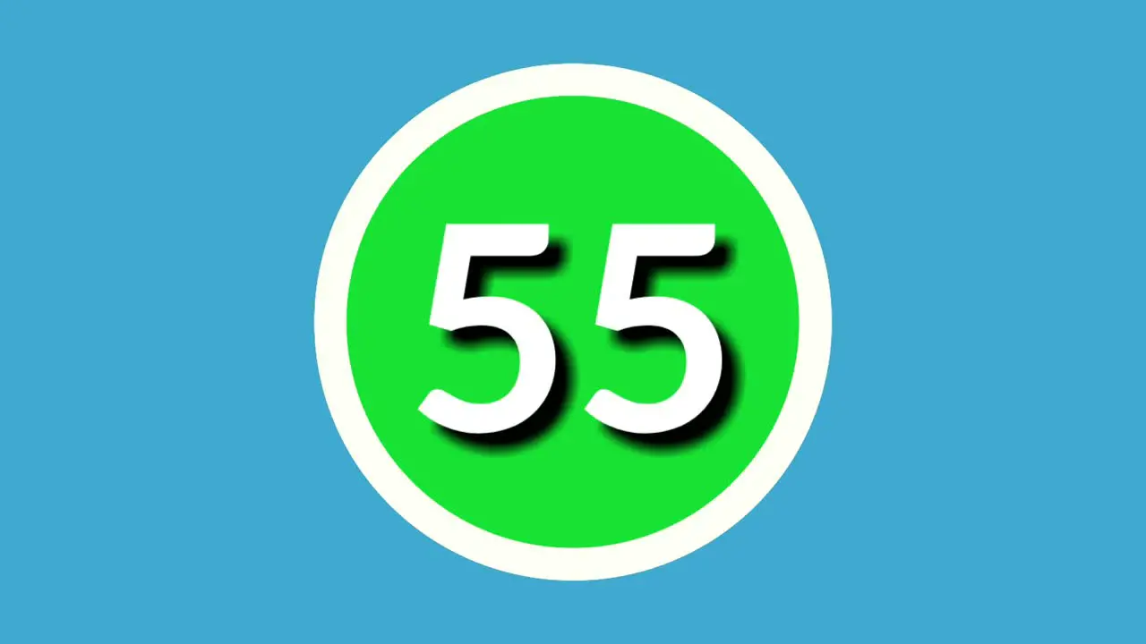 Number 55 fifty five sign symbol animation motion graphics on green sphere on blue background 4k cartoon video number for video elements