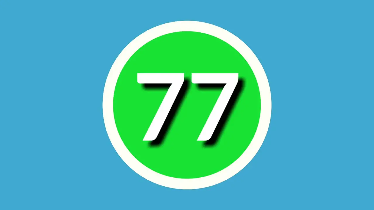 Number 77 seventy seven sign symbol animation motion graphics on green sphere on blue background 4k cartoon video number for video elements