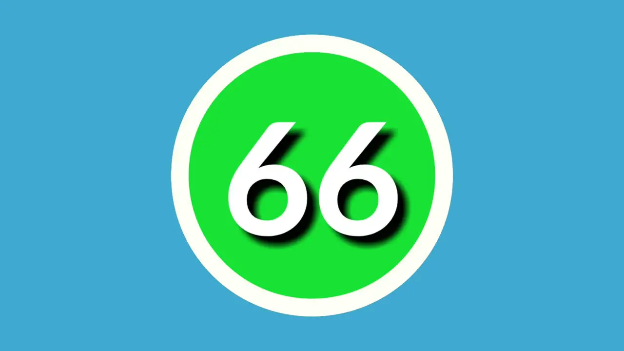 Number 66 sixty six sign symbol animation motion graphics on green sphere on blue background 4k cartoon video number for video elements