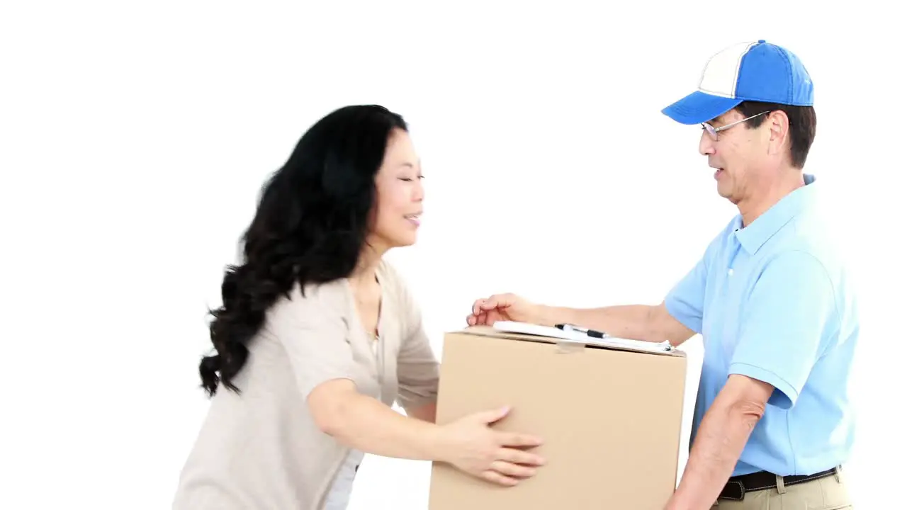 Asian woman retiring a package