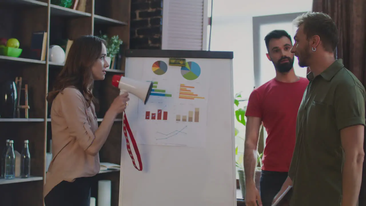 Young business people arguing near flip chart in officeBusiness conflict