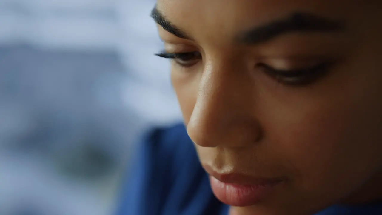 Thoughtful businesswoman face closeup Businesswoman thinking problem solution