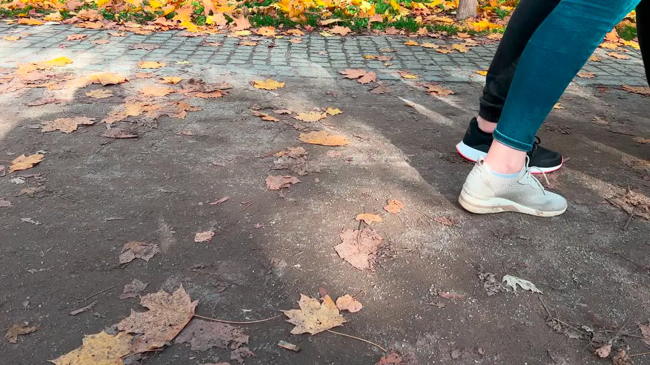 Wheels Of A Buggy Being Pushed By Parents As They Walk Past On Leaf Covered Ground