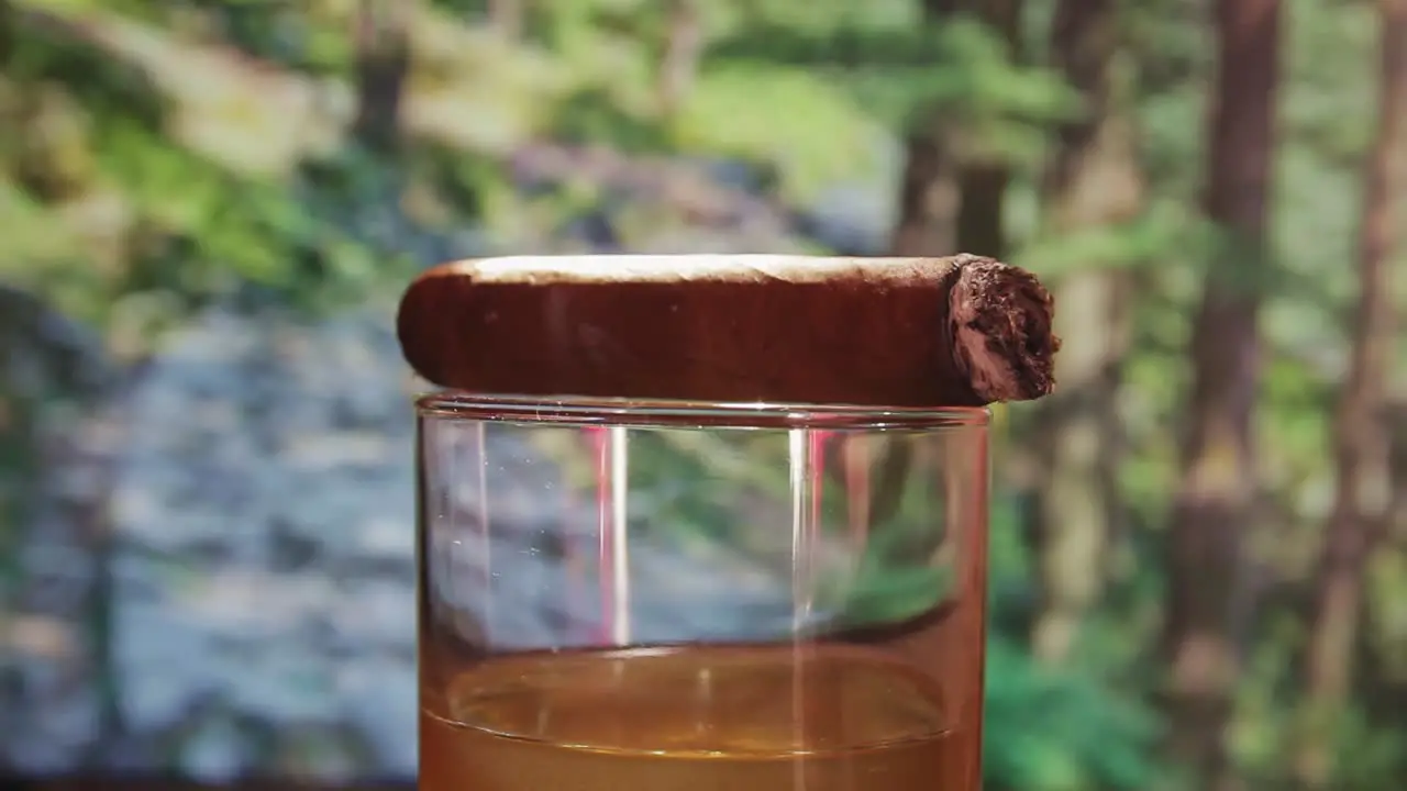 lit cigar on top of whiskey glass