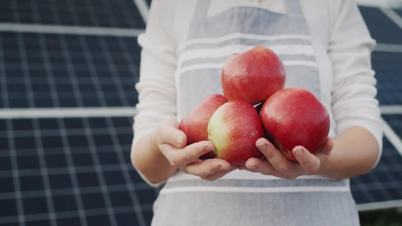 A farmer holds several red apples in his hands against the backdrop of solar panels behind him