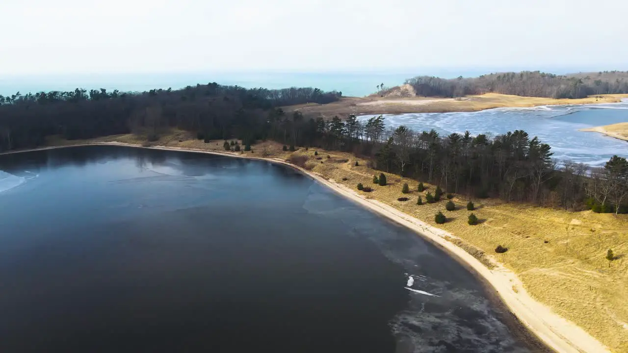 Lake Michigan in January as seen from above Dune harbor on the West Coast of the Great Lake