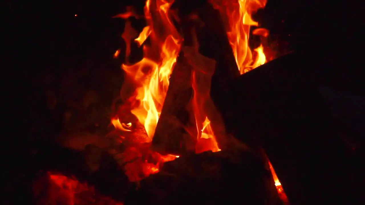 Slow motion camera panning from a camp fire on a cold night