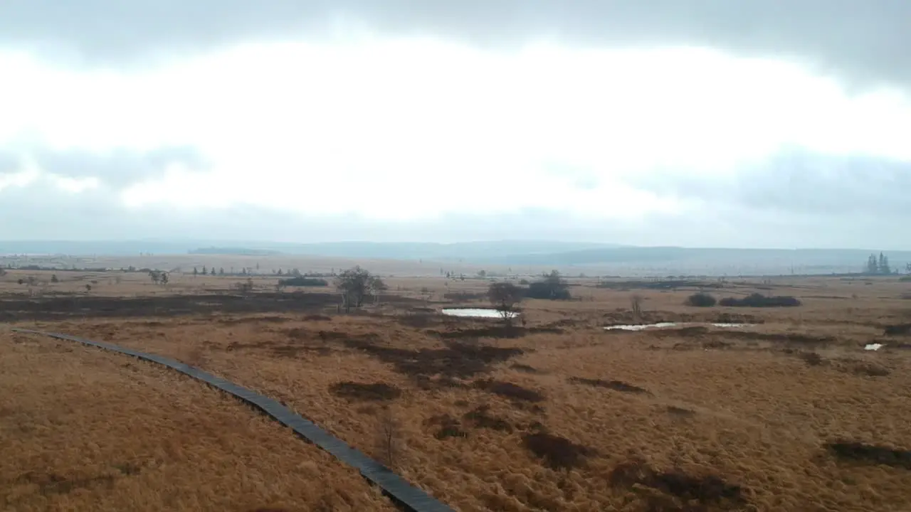 Aerial shot of orange grass of moorland and hiking path High Fens