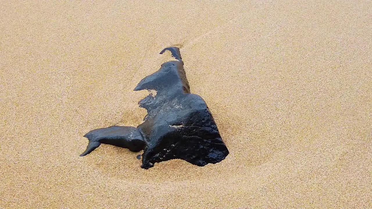 HD Hawaii Kauai slow motion static of the top of a rock sticking up on beach with small wave washing in from upper right and right of frame then swirling around the rock and washing out of frame