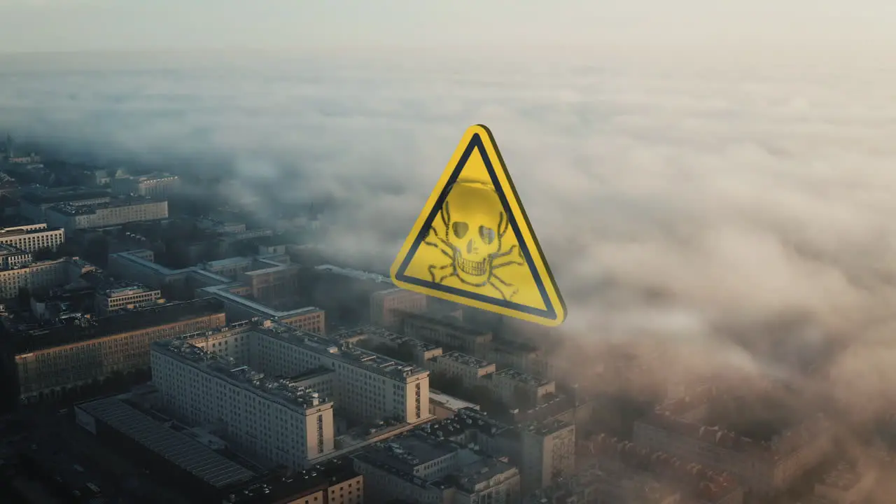 Aerial footage of urban borough shrouded in morning fog Large warning sign of poisonous area Warsaw Poland