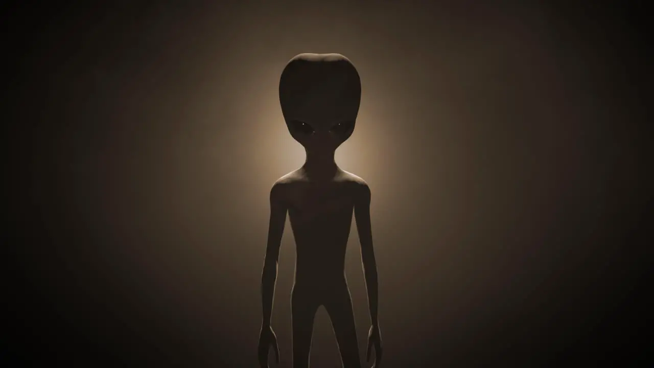 3D CGI VFX animation of a classic Roswell style grey alien on a dark sepia backlit background standing and looking menacingly into the camera with a smokey atmospheric environment